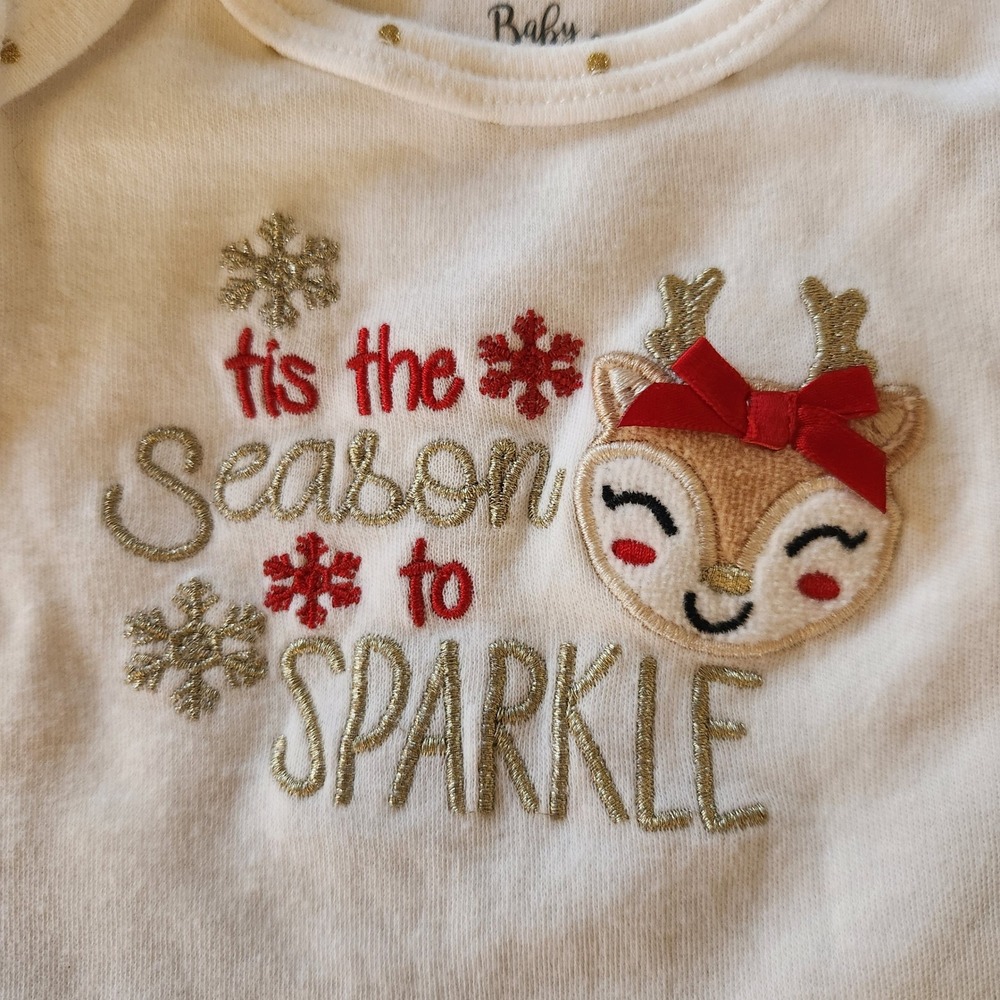 Baby Essentials White Long Sleeve Bodysuit Reindeer Sparkle Holiday‎ Sz 6 Months